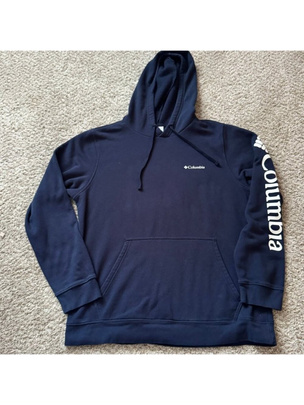 Columbia Hoodie Men's Size M Navy Blue Pullover Sweatshirt with Sleeve Logo